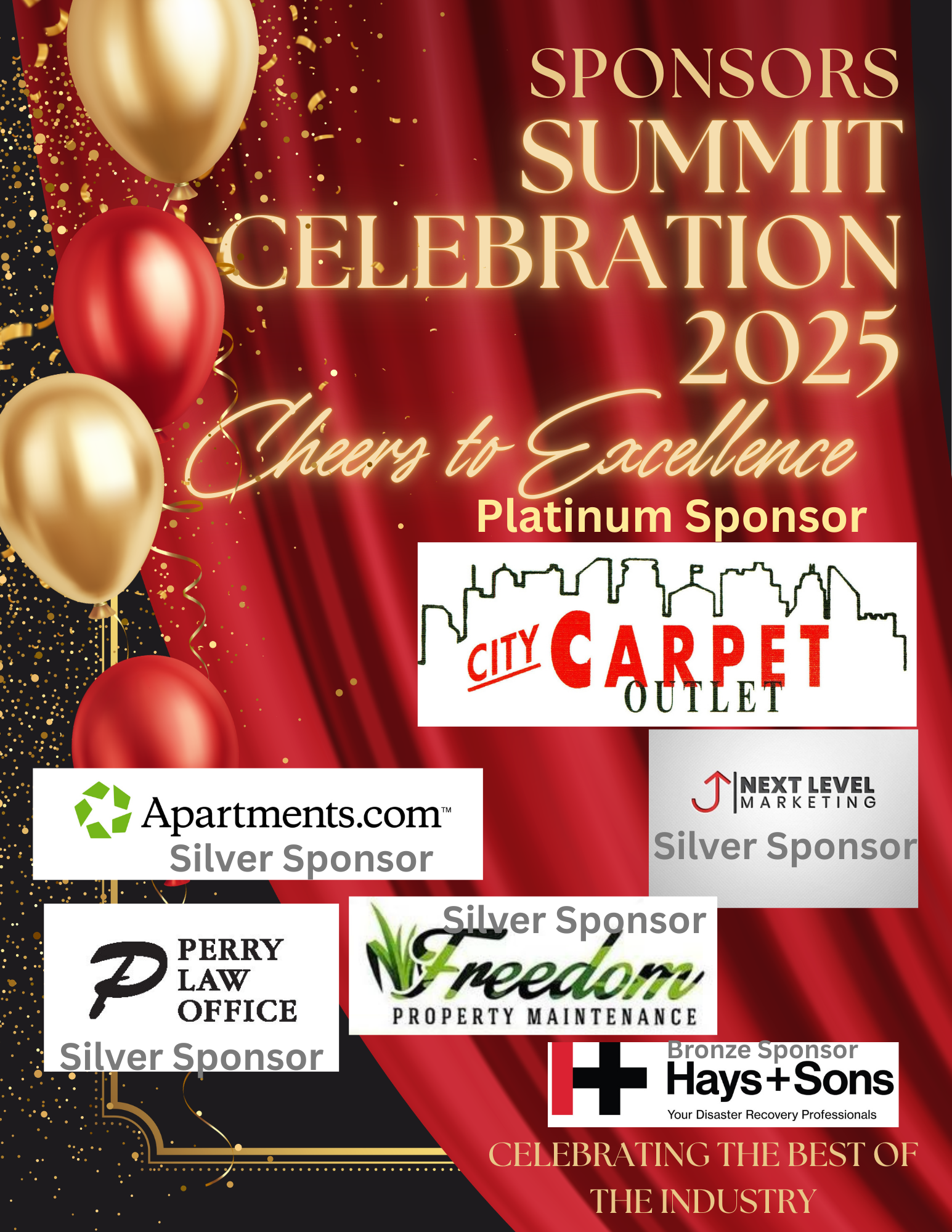 Summit Awards for 2025 Platinum Sponsored by City Carpet Outlet, Perry Law Office, Next Level Marketing, Apartments.com, Hays & Sons
